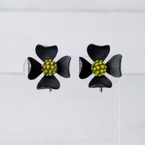 Vintage Judy Lee Originals Clip On Earrings Black Flower 1958 Clover